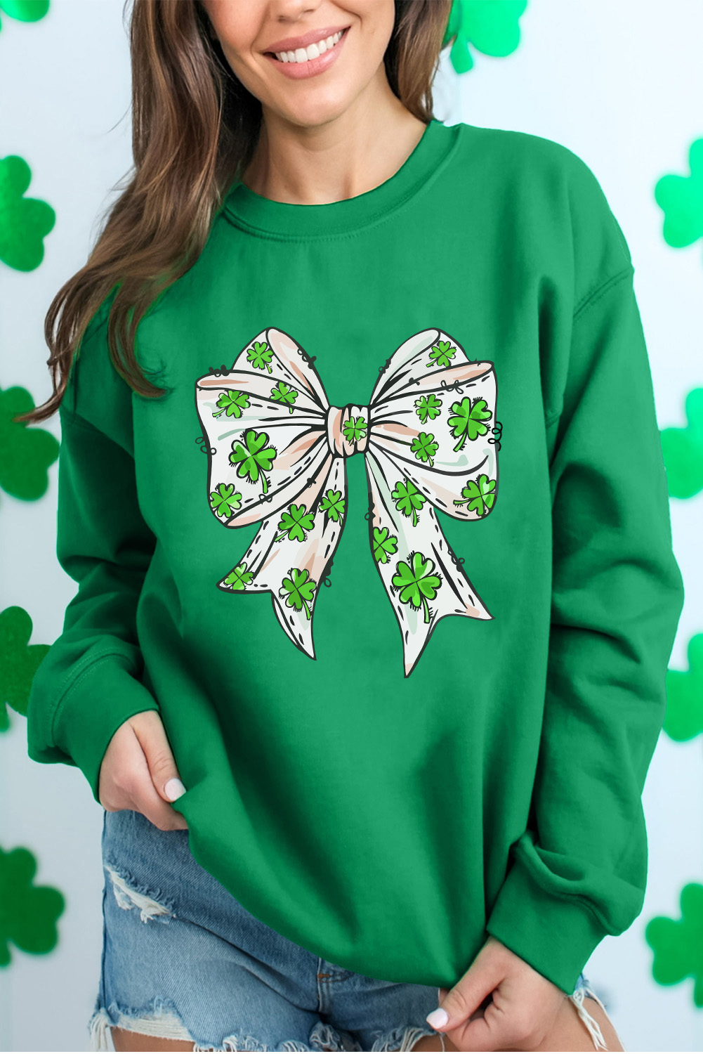 Dark Green St Patricks Clover Bow Printed Drop Shoulder Sweatshirt - loveforevers