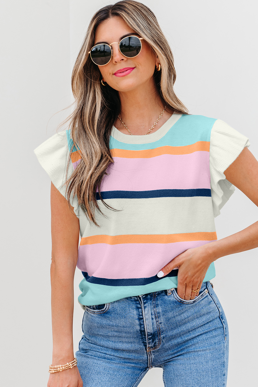 Multicolour Striped Color Block Flutter Sleeve Patchwork Sweater Top - loveforevers