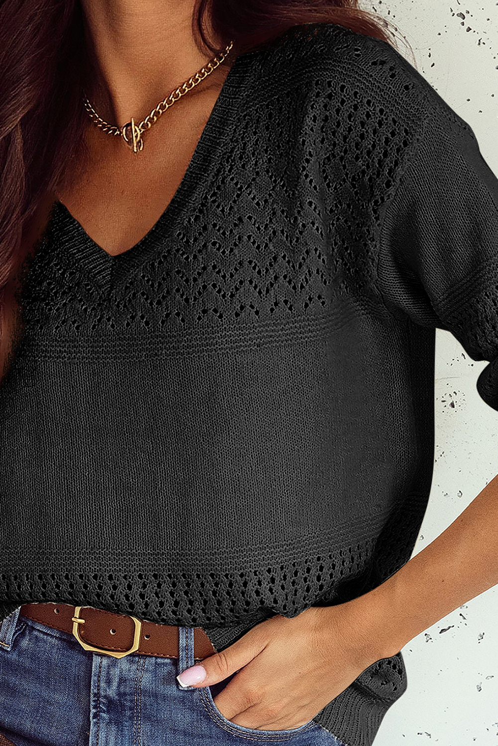 Sky Blue Eyelet Pattern Detail V Neck Drop Shoulder Sweater - loveforevers