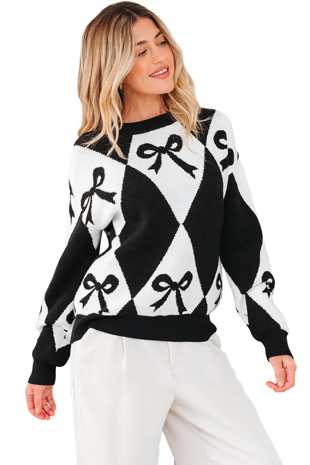 Black Bow Print 2-tone Rhombus Knit Loose Sweater - loveforevers