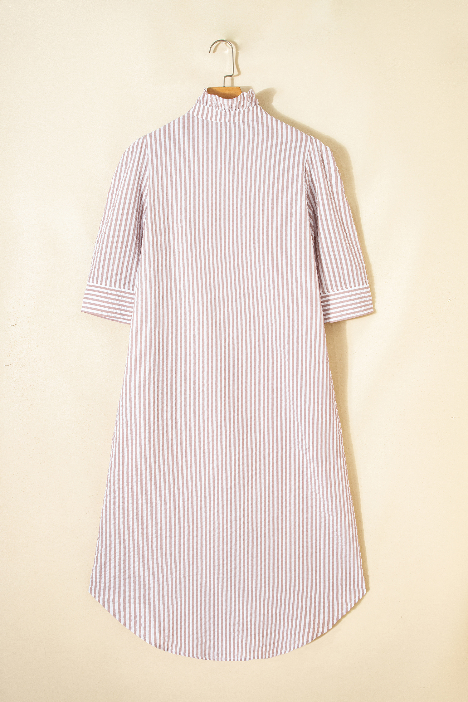 Khaki Stripe Frilled Collar Half Sleeve Shirt Maxi Dress - loveforevers