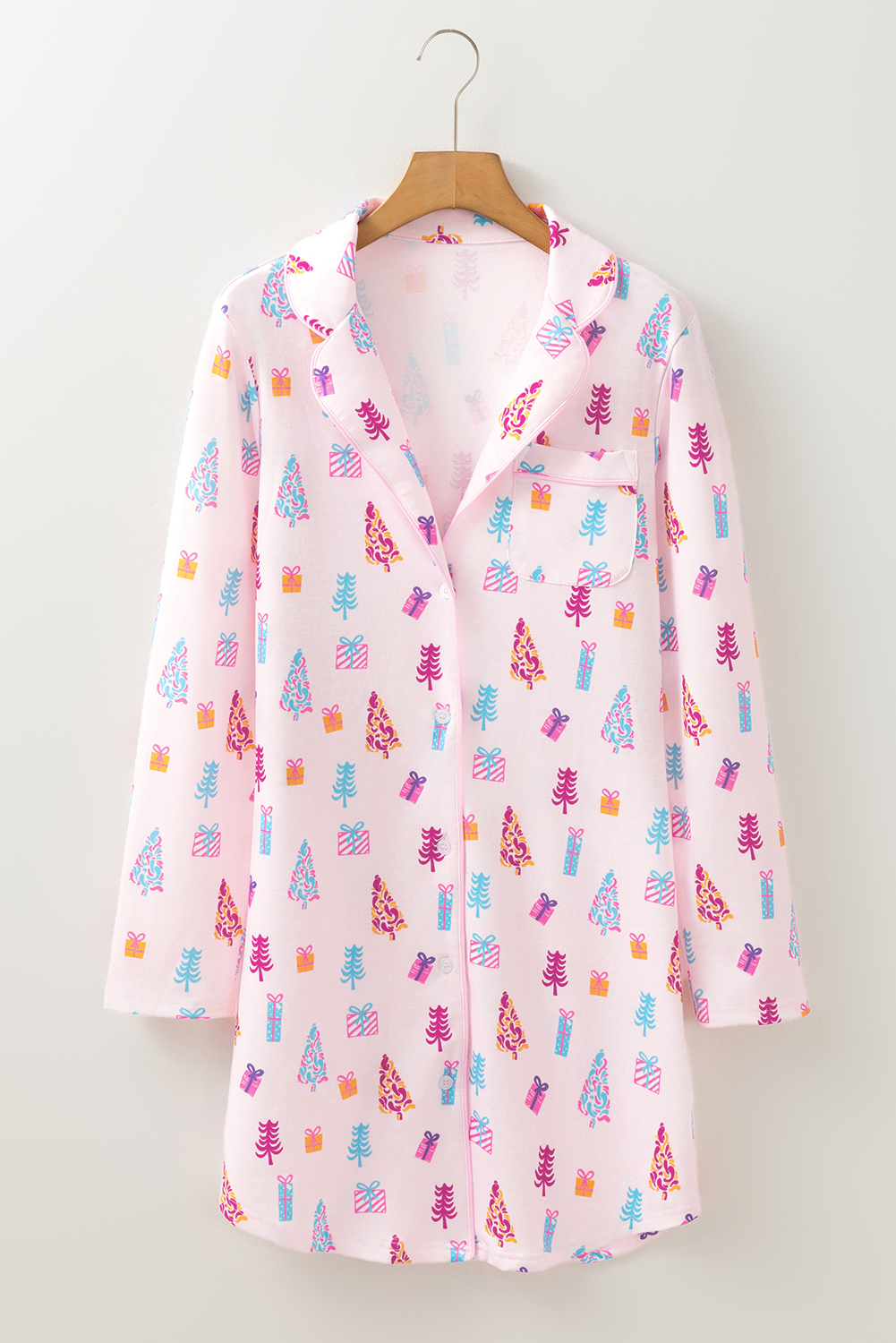 Pink Christmas Twinkle Tree Print Shirt Sleep Dress - loveforevers