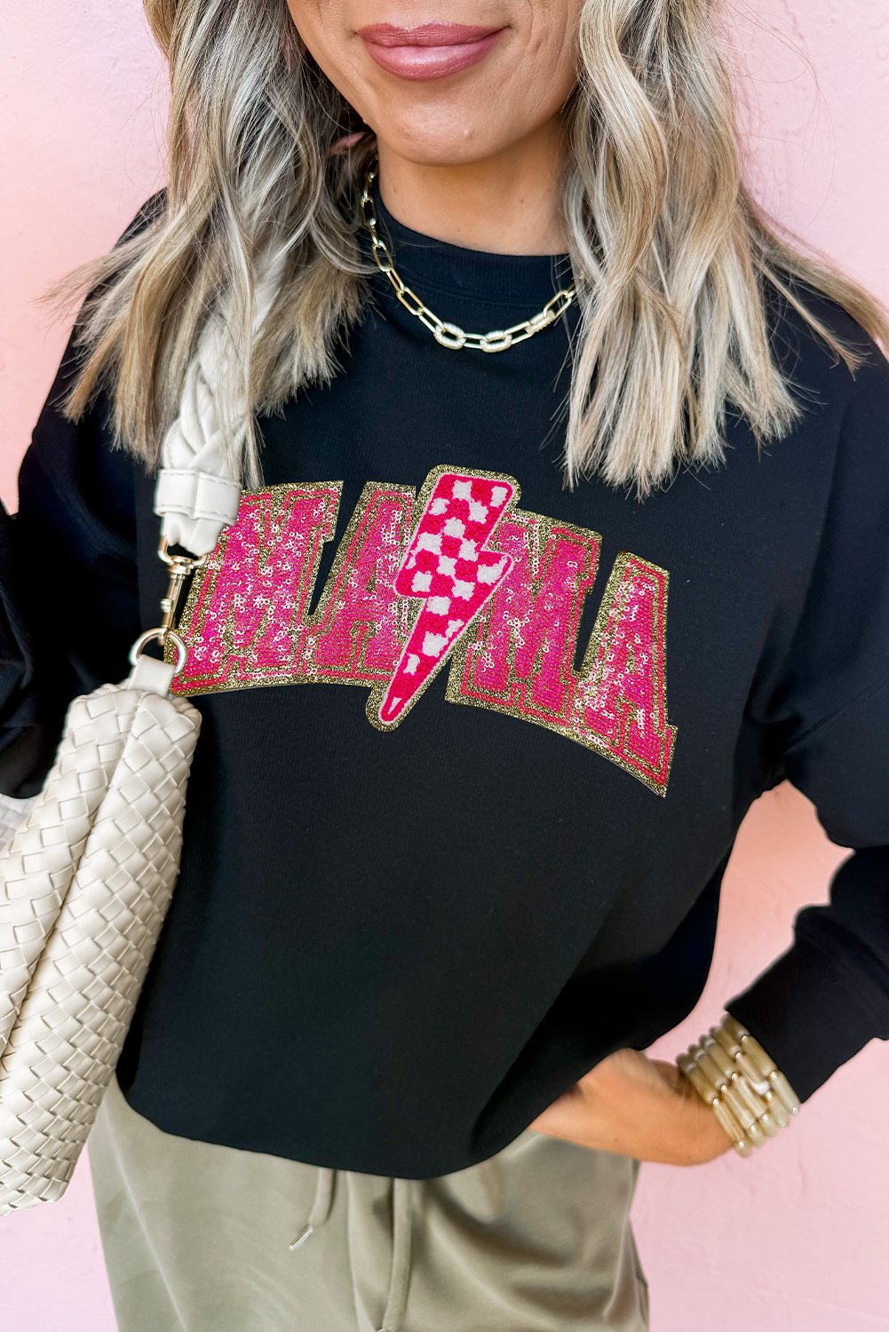 Black MAMA Shiny Graphic Pullover Sweatshirt - loveforevers