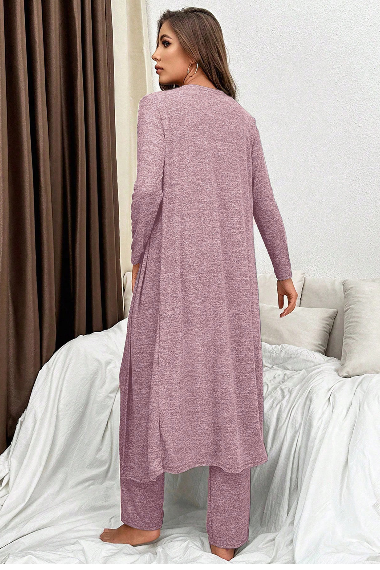 Delicacy 3pcs V Neck T Shirt Ribbon Knot Pants Open Duster 3pcs Lounge Set - loveforevers