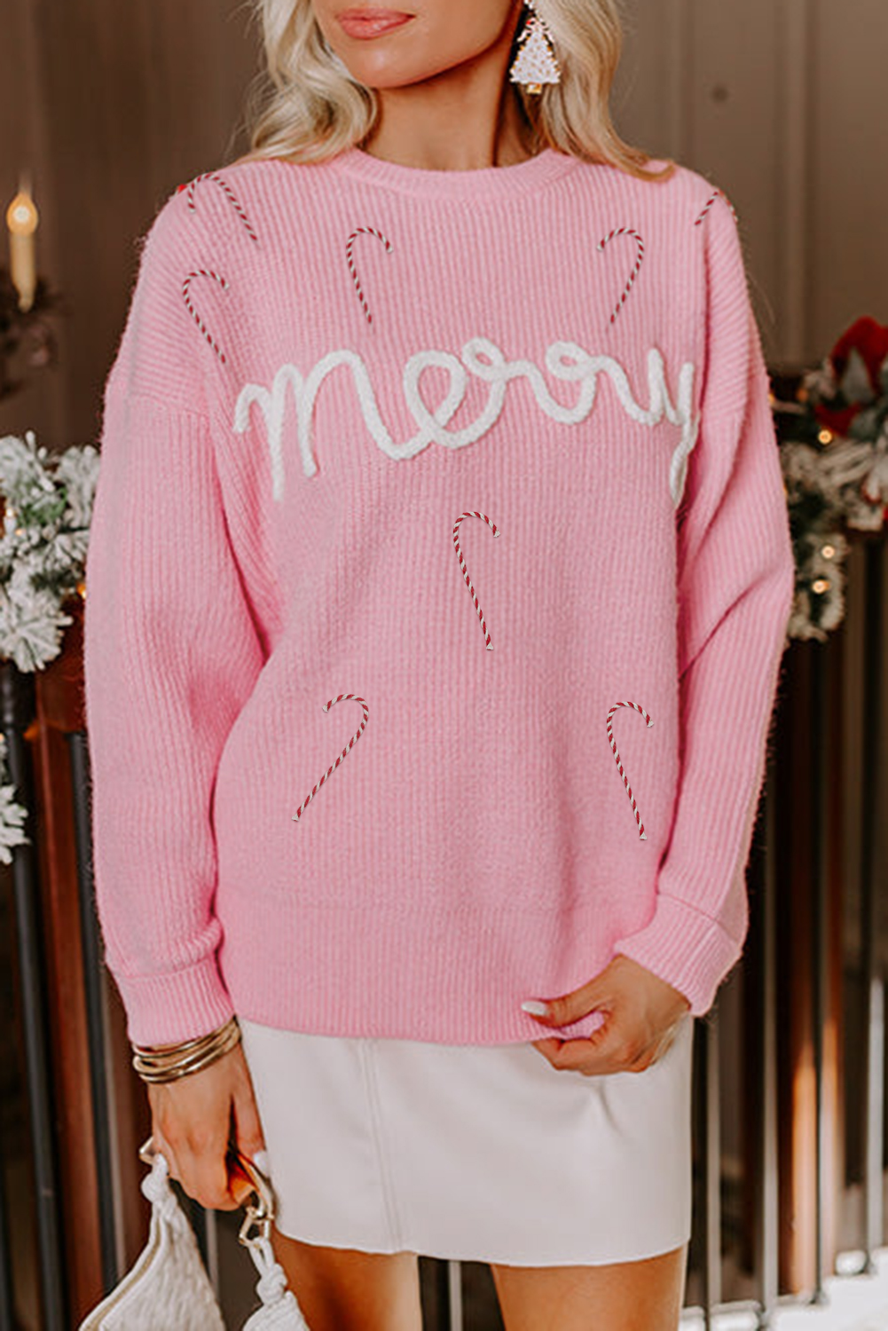 Pink Merry Candy Cane Puffy Knit Crew Neck Sweater - loveforevers