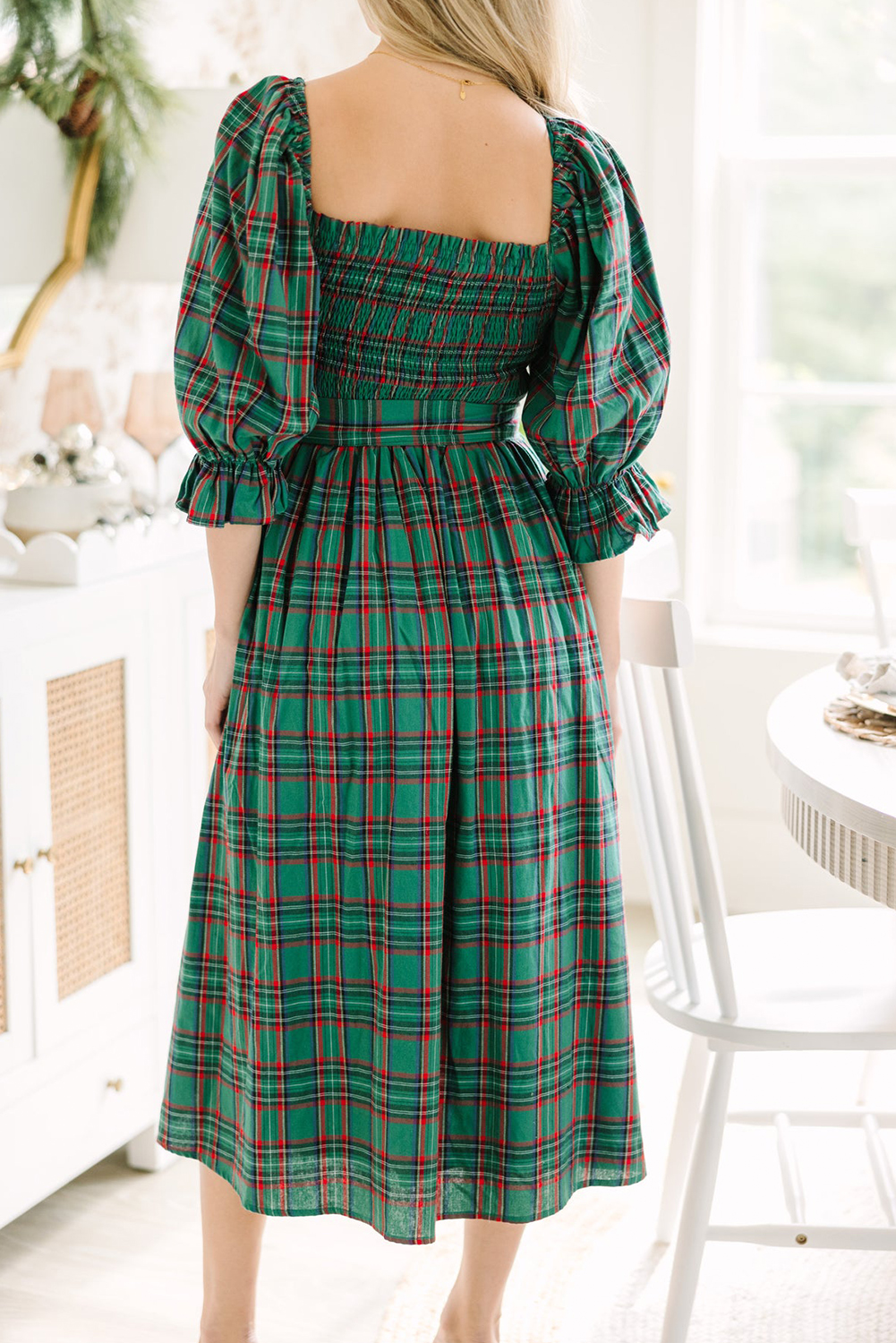 Red Tartan Plaid Square Neck Puff Sleeve Knot Waist Flared Midi Dress - loveforevers