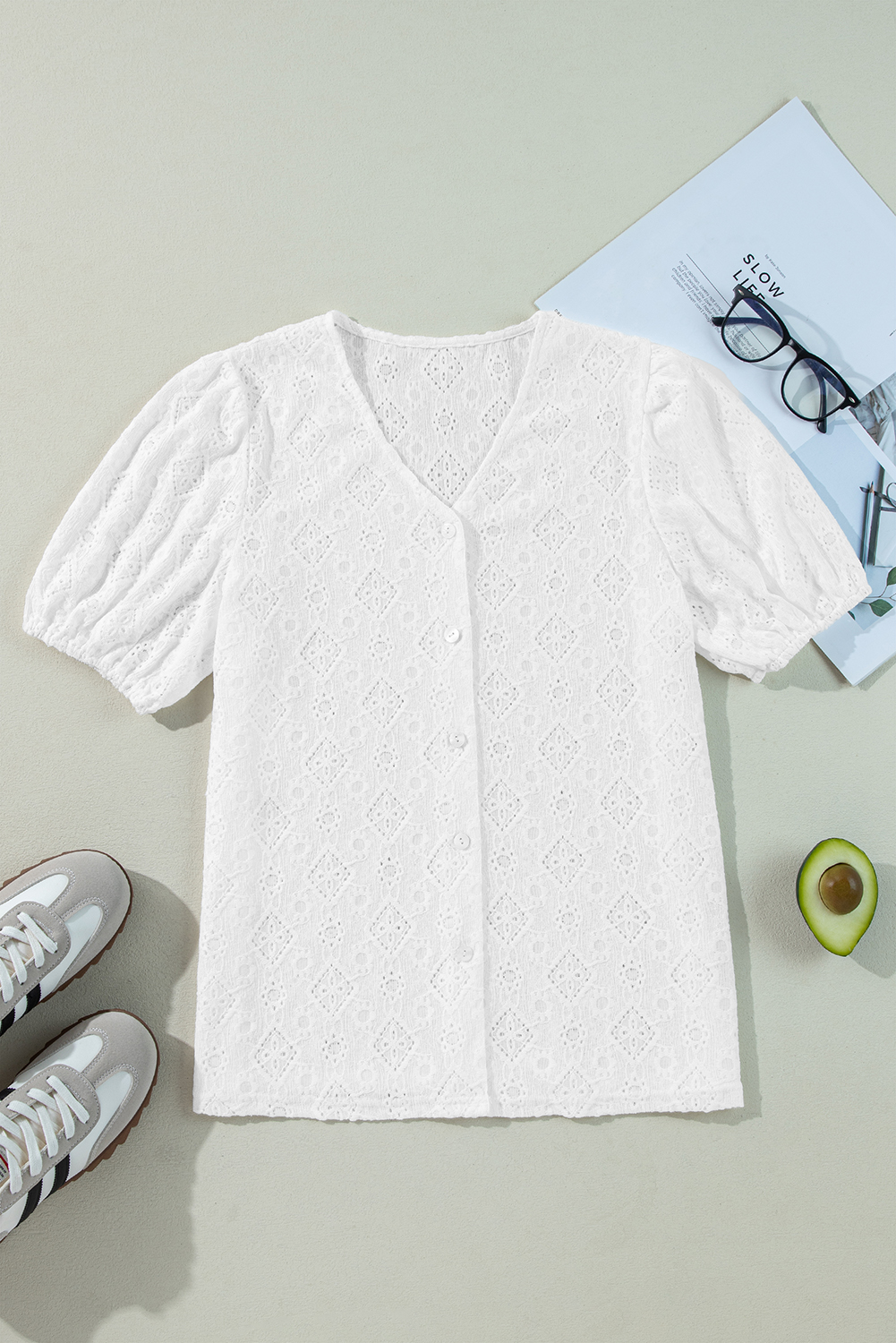 White Lace Puff Sleeve V Neck Button Up Shirt - loveforevers