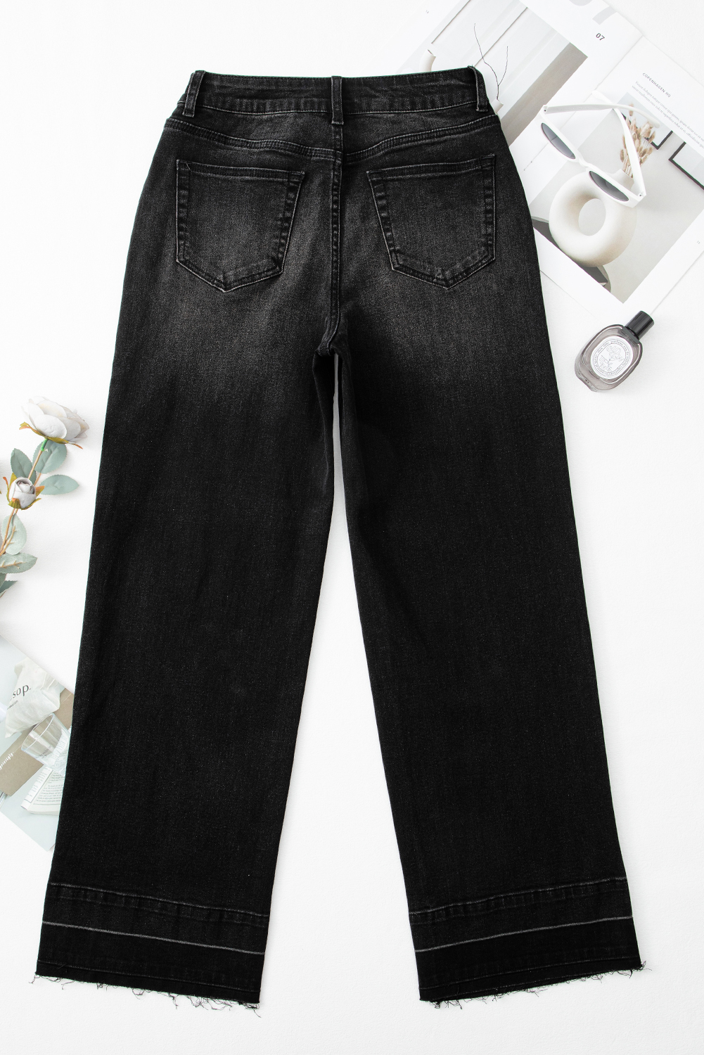 Real Teal Raw Hem Unique Cuffs Straight High Rise Loose Jeans - loveforevers