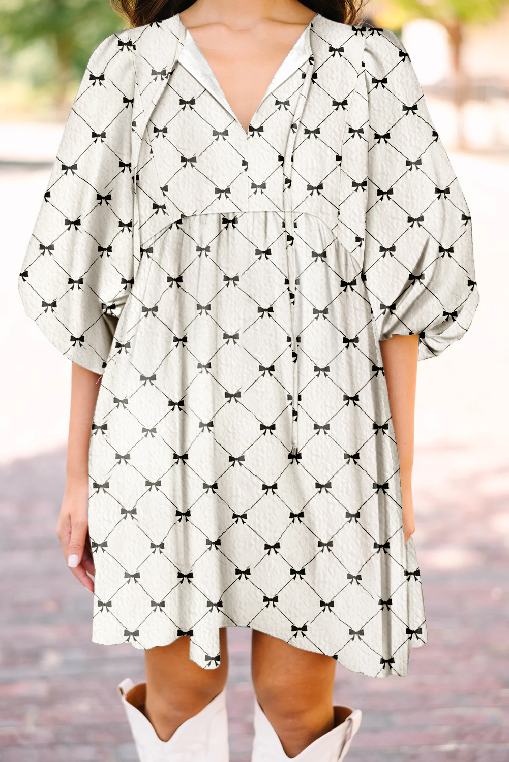 White Bowtie Pattern Textured Puff Half Sleeve Loose Mini Dress - loveforevers