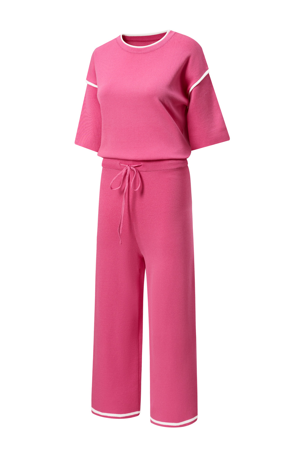 Blackish Green Contrast Trim Half Sleeve Top Drawstring Pants Loose 2pcs Sweater Suit - loveforevers
