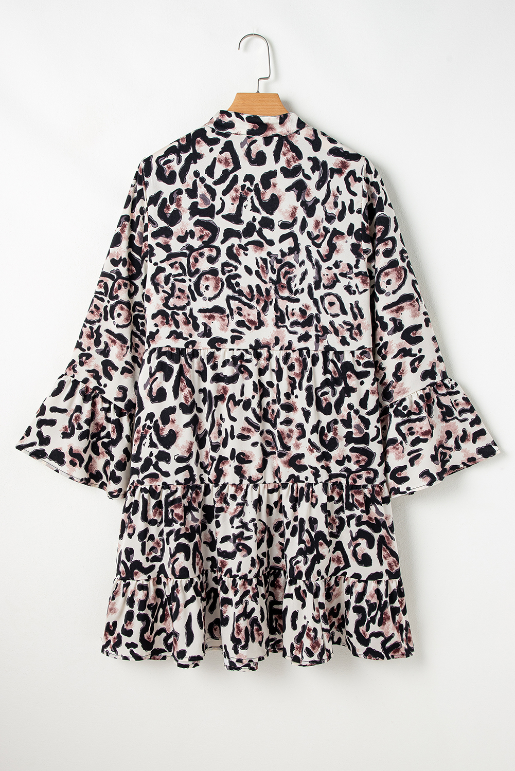 Khaki Leopard Print Buttoned Front 3/4 Sleeve Tiered Ruffled Hem Dress - loveforevers