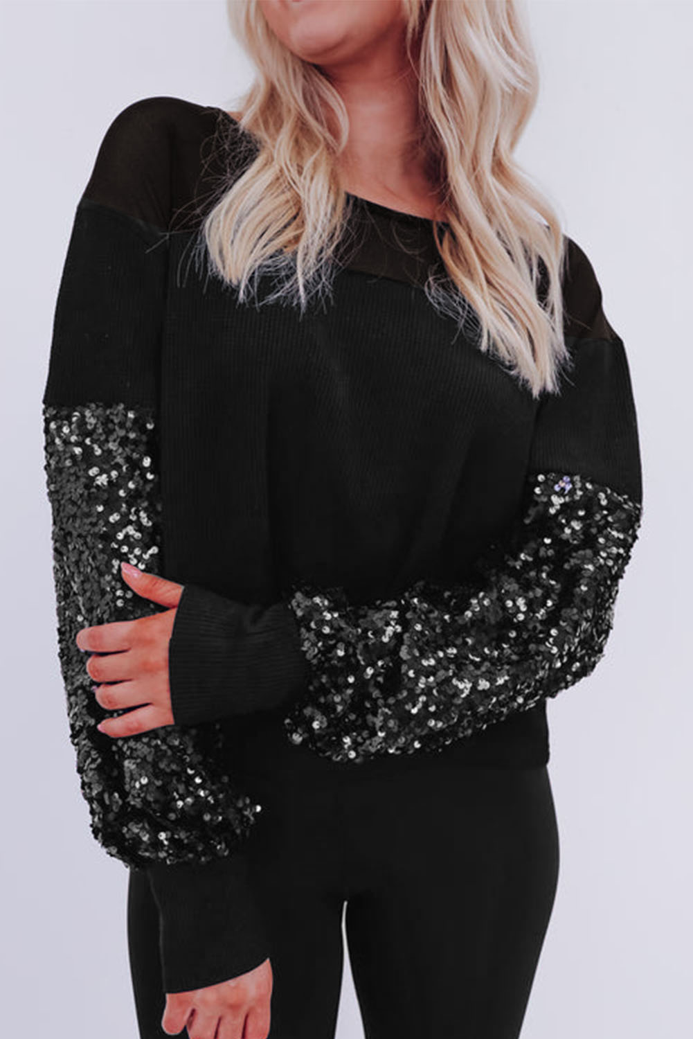 Black Sequin Patchwork Lantern Sleeve Blouse - loveforevers