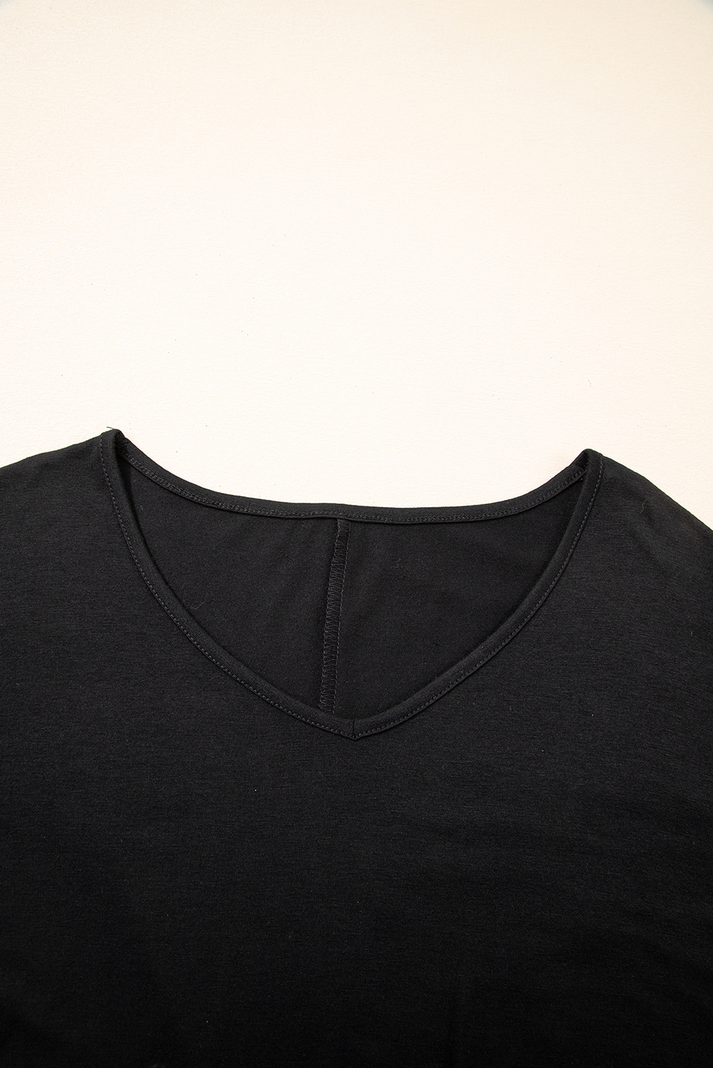 Sail Blue Solid Colour V-Neck Double Layer Sleeve Loose T-Shirt - loveforevers
