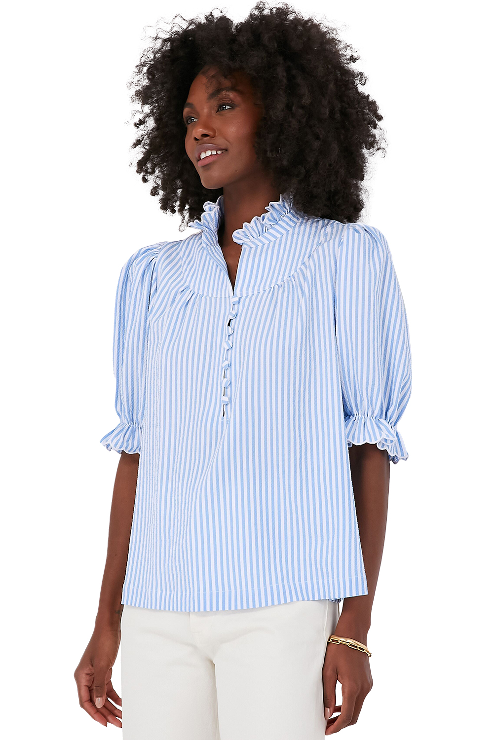 Sky Blue Stripe Ruffled Collar Puff Sleeve Half Buttons Blouse - loveforevers