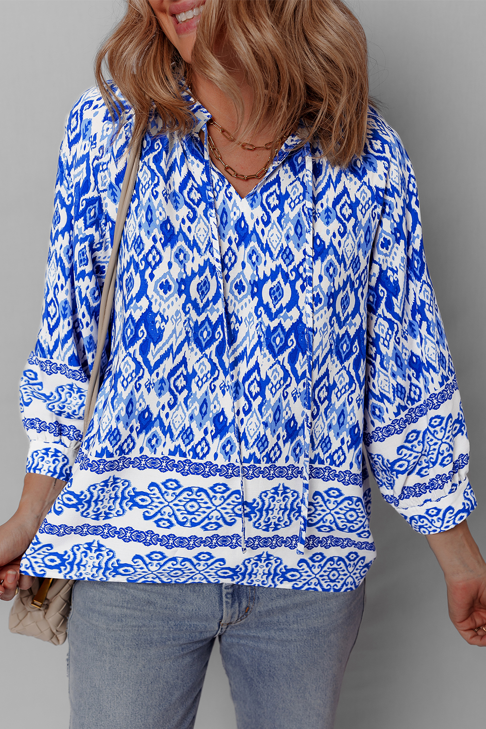 Blue Boho Printed 3/4 Sleeve Tied Neck Blouse - loveforevers