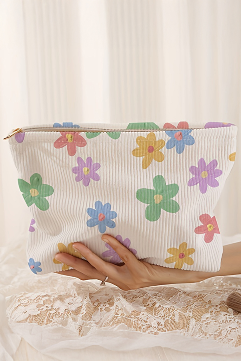 White Flower Print Rib Textured Large Cosmetic Bag - loveforevers