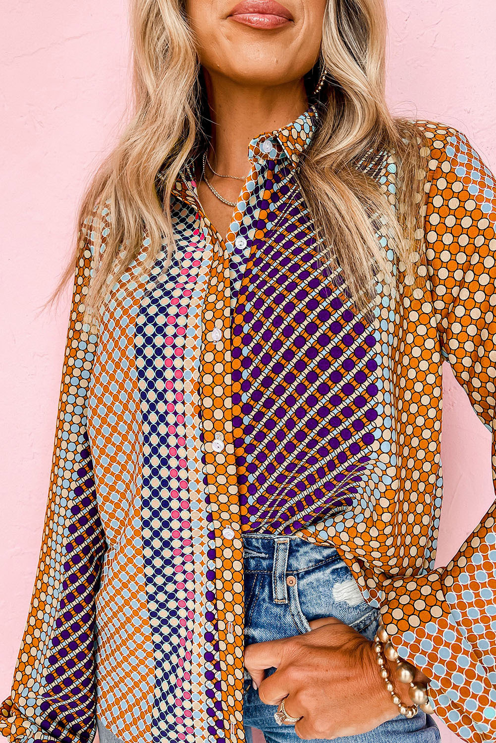 Brown Dot Print Long Sleeve Button Down Shift Shirt - loveforevers