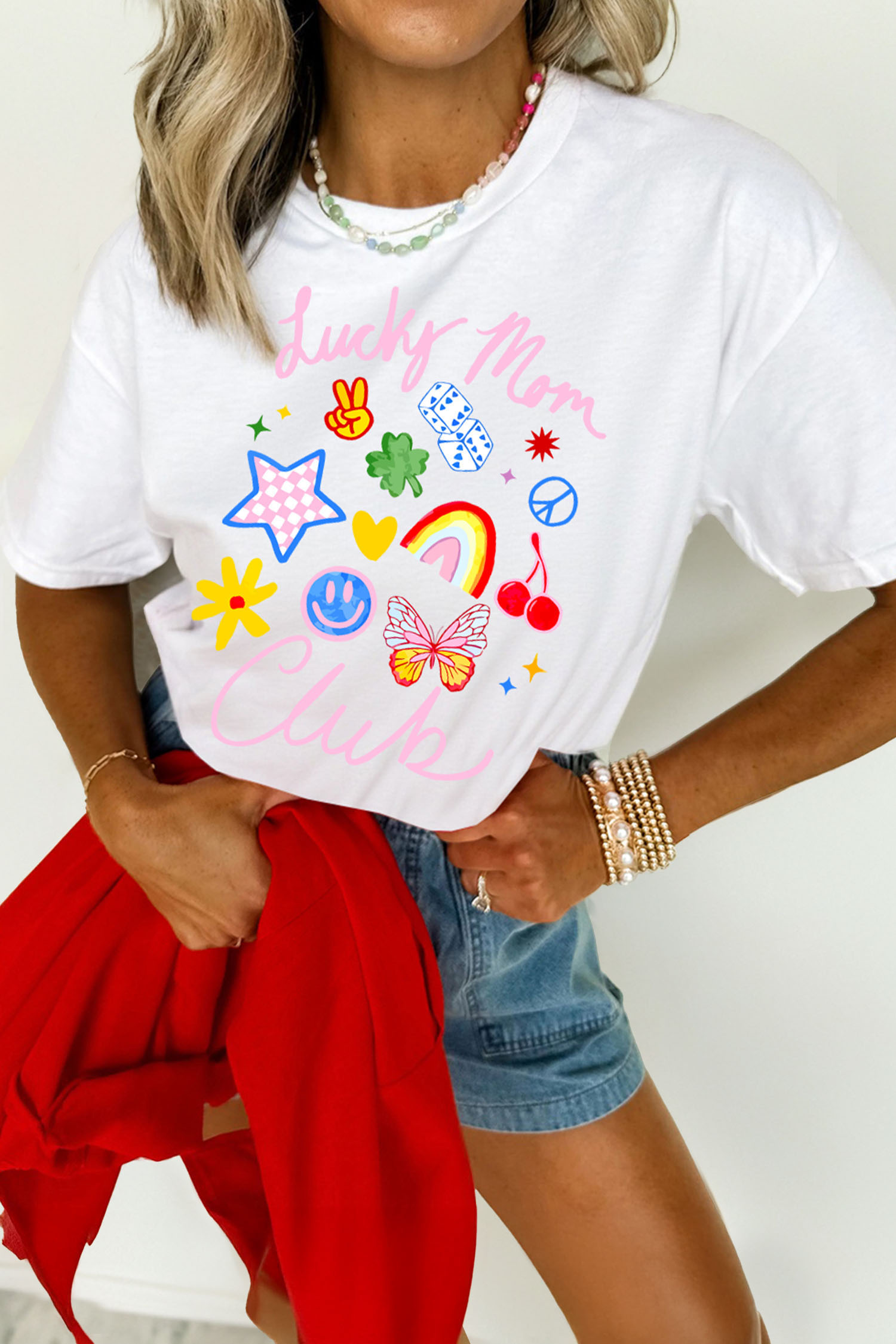 White Lucky Mom Club Vibrant Printed Casual T Shirt - loveforevers