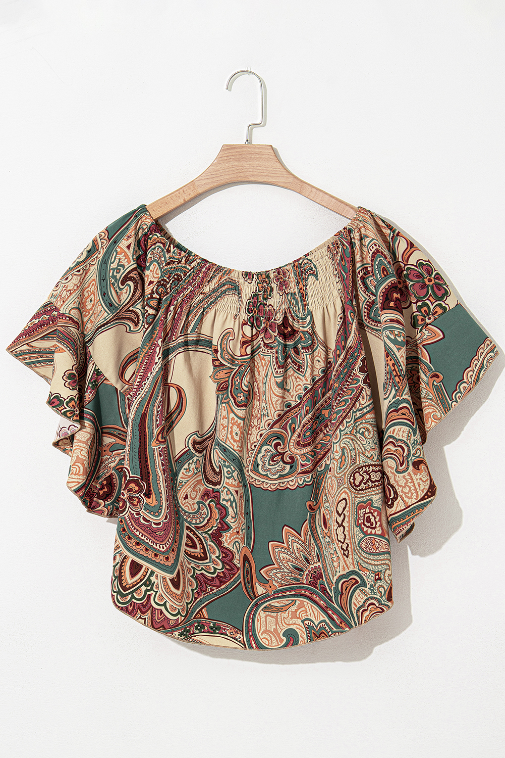 Apricot Paisley Printed Shirred Off Shoulder Ruffled Draped Sleeve Blouse - loveforevers