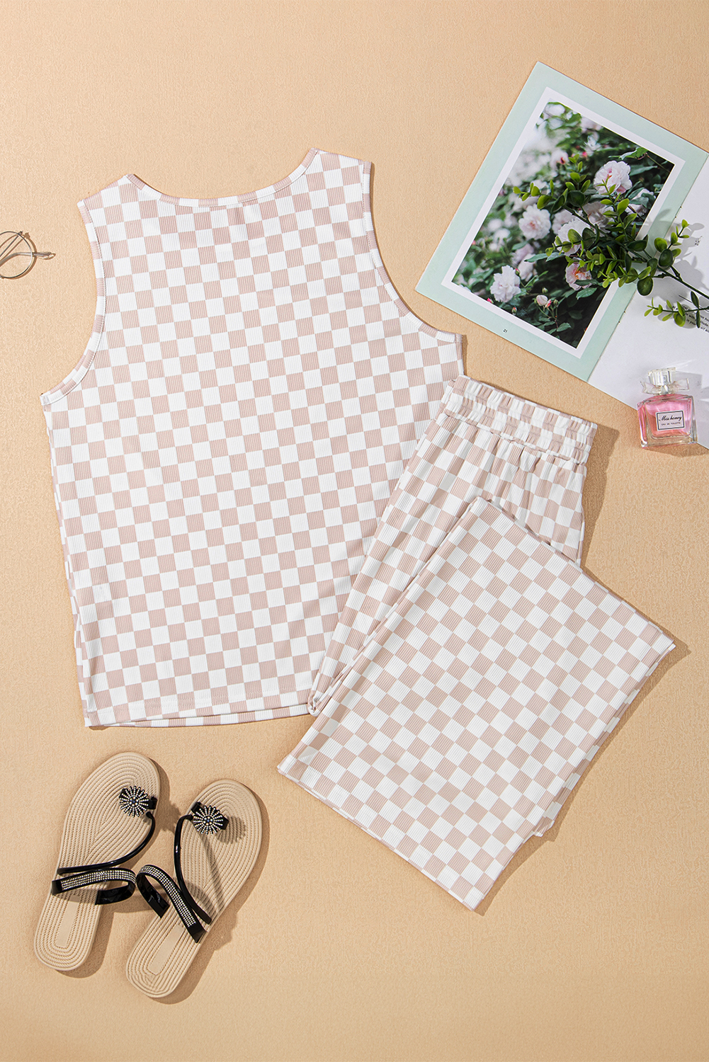White Ribbed Texture Checkered Print 2pcs Tank and Pants Set - loveforevers