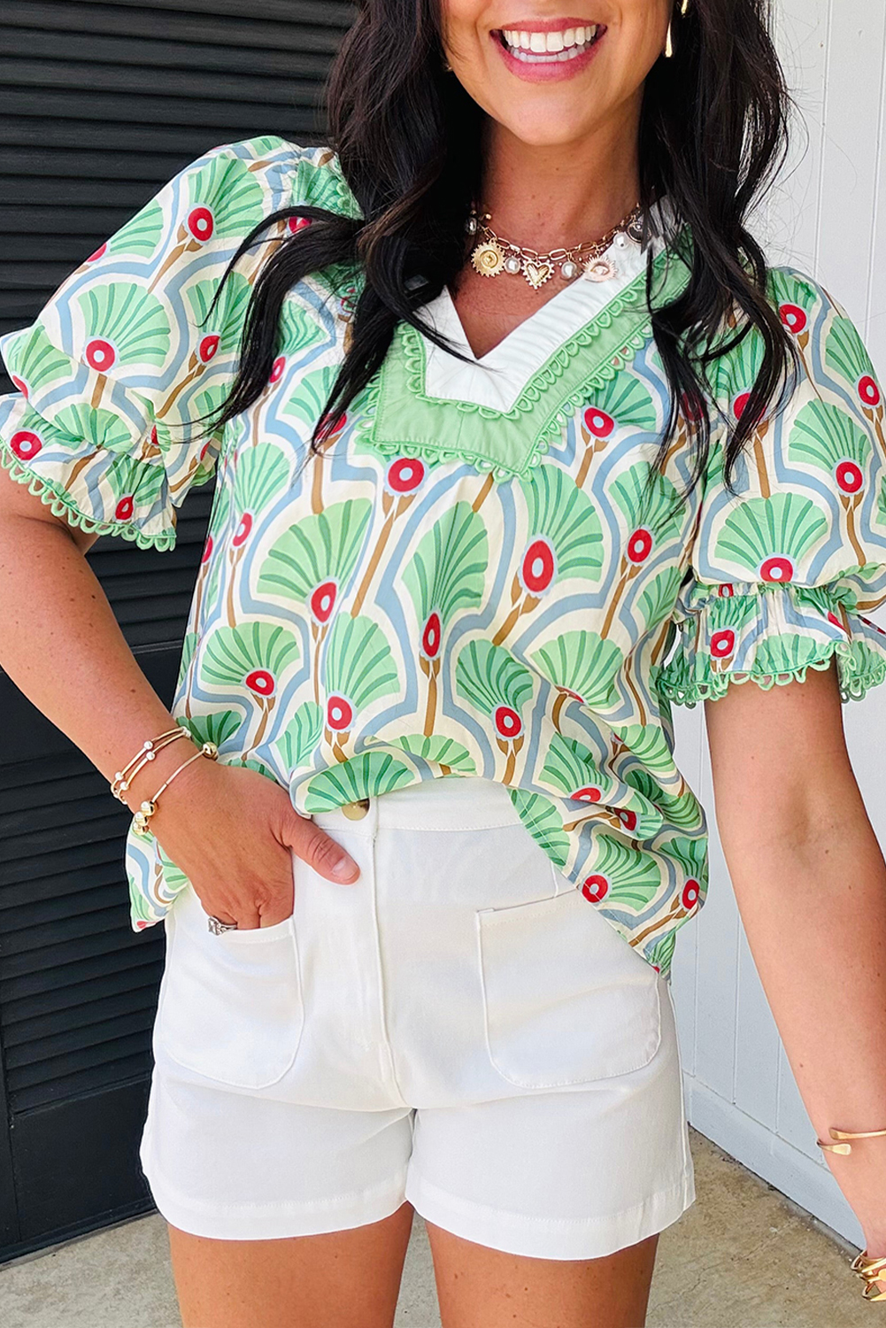 Green Floral Print Ricrac Trim Contrast V Neck Bubble Sleeve Summer Blouse - loveforevers