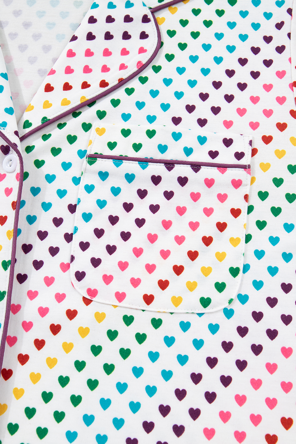 White Pride Heart Print Valentines Long 2pcs Pajama Set - loveforevers
