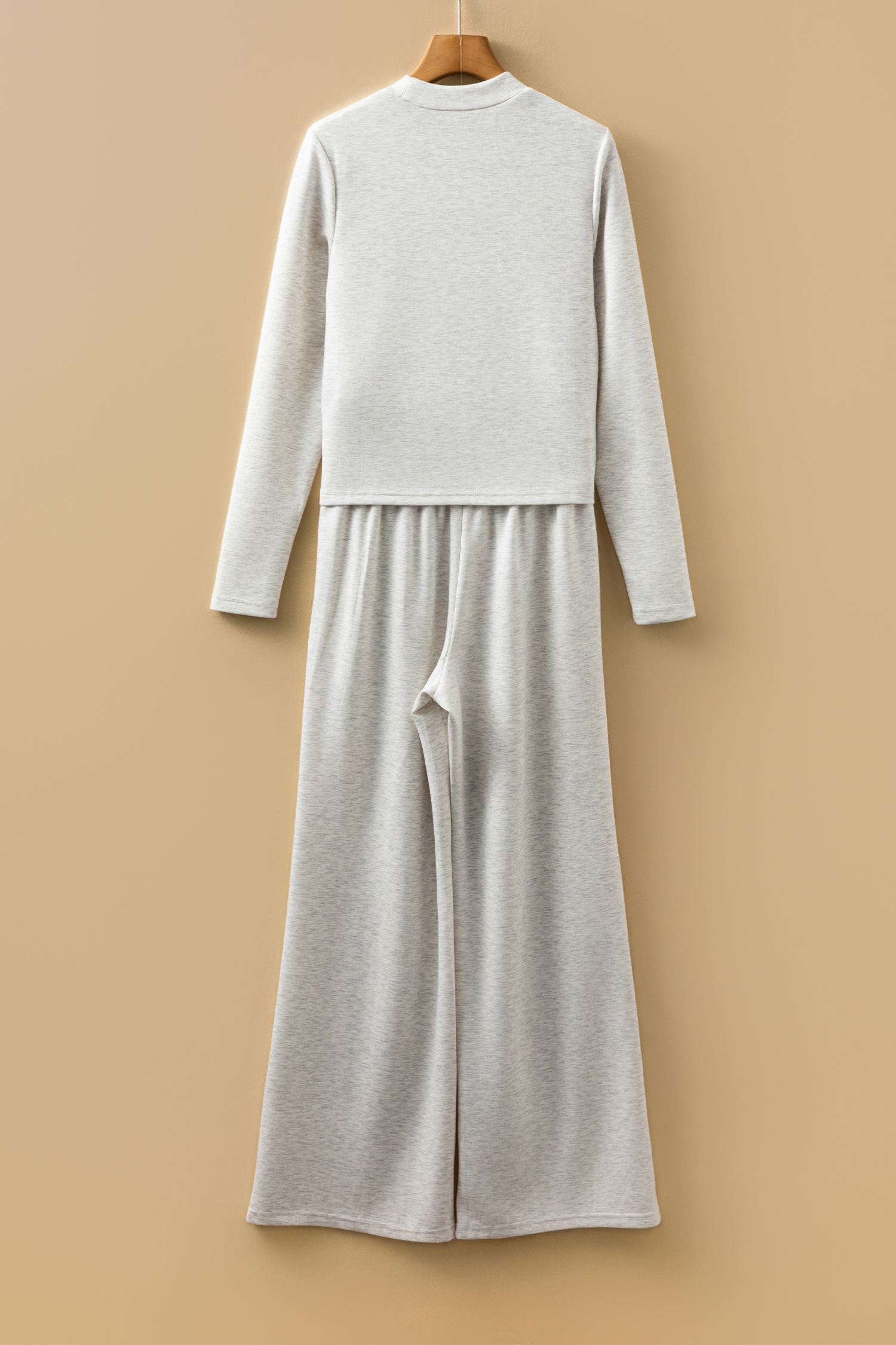 Light Grey Long Sleeve High Neck Slim Top Smocked Waist Central Seam Pants Set - loveforevers