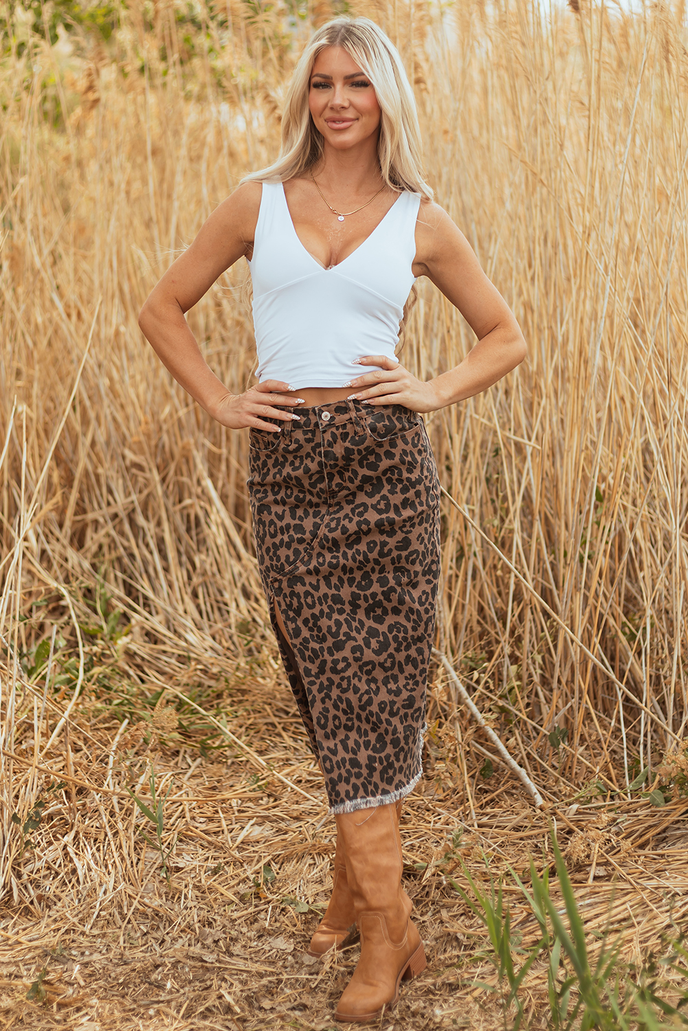 Brown Leopard Denim Frayed Split Denim Midi Skirt - loveforevers