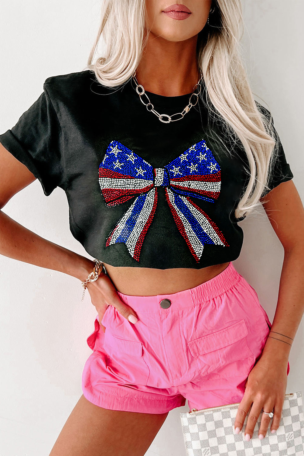 Black Rhinestone Stars and Stripes Bow Graphic Independence Day T Shirt - loveforevers