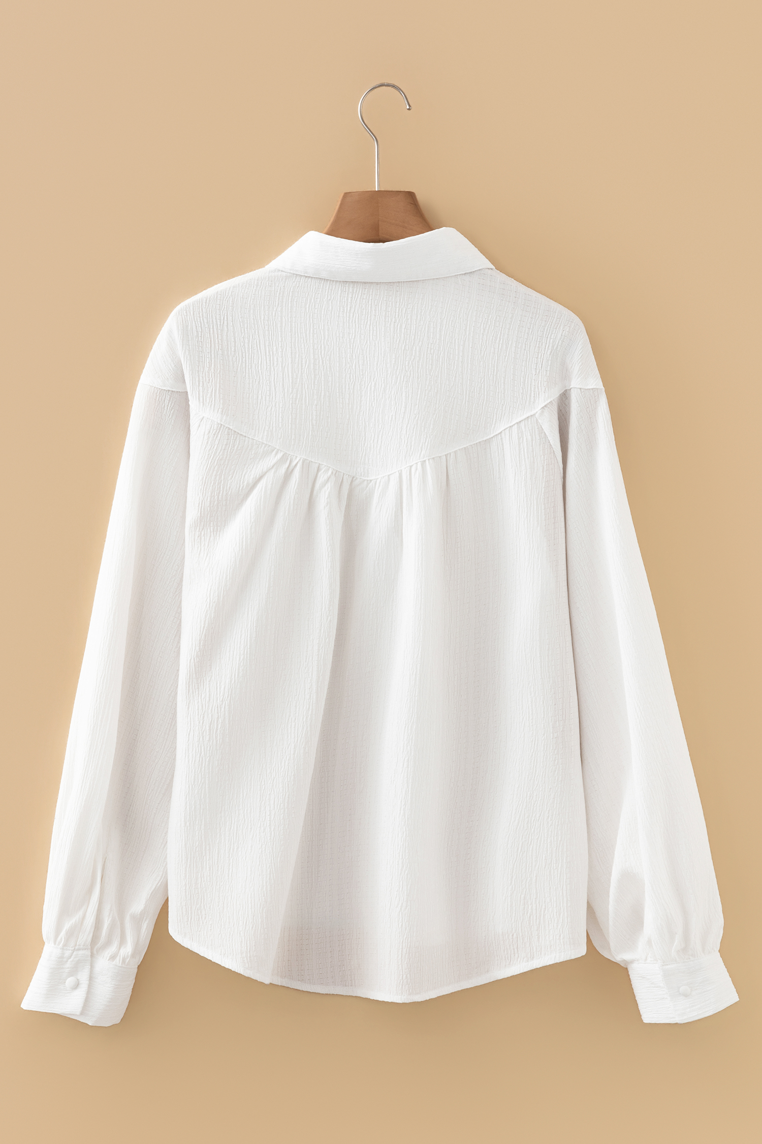 White Crinkled Texture Lantern Sleeve Button Down Loose Shirt - loveforevers