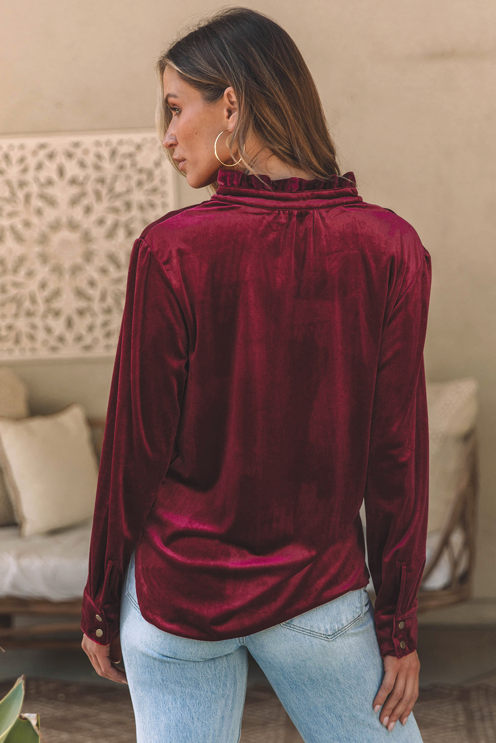 Burgundy Frilled Neck Buttoned Front Velvet Top - loveforevers