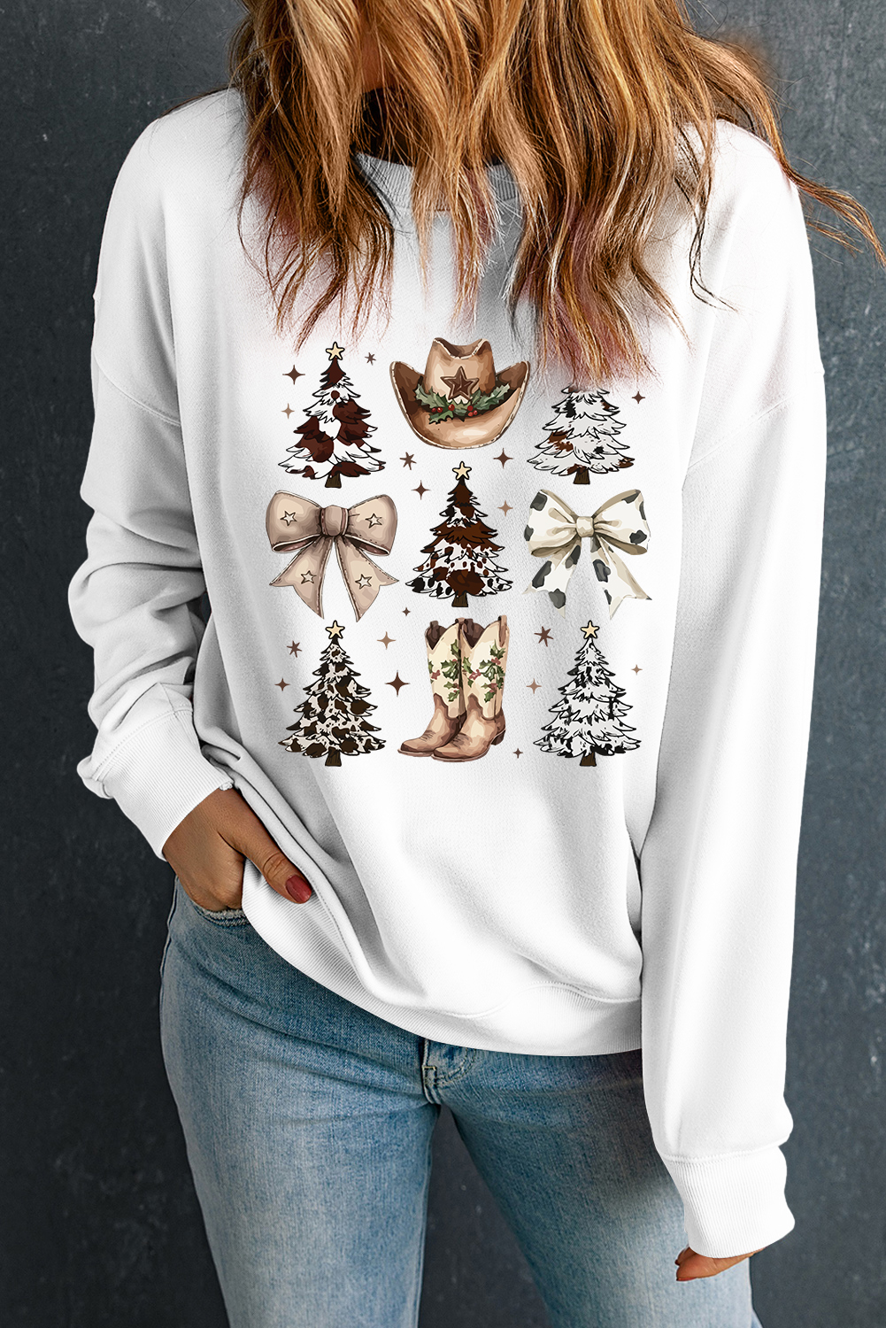 White Cowgirl Bow Christmas Tree Print Drop Shoulder Sweatshirt - loveforevers
