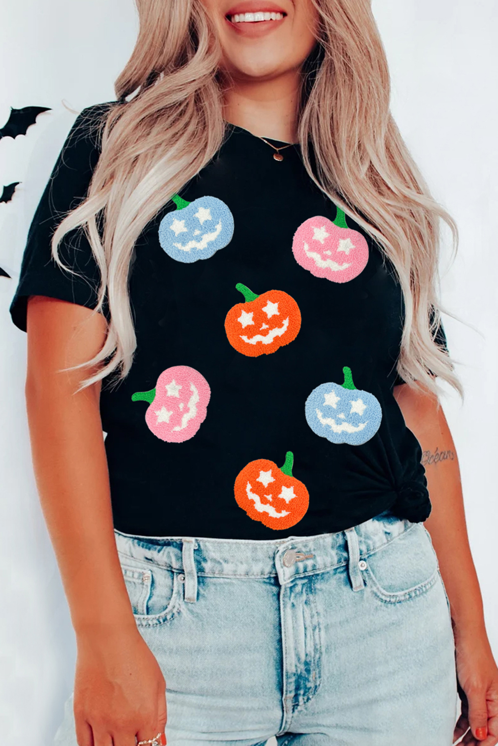 Black Chenille Pumpkin Patched Playful Halloween T Shirt - loveforevers