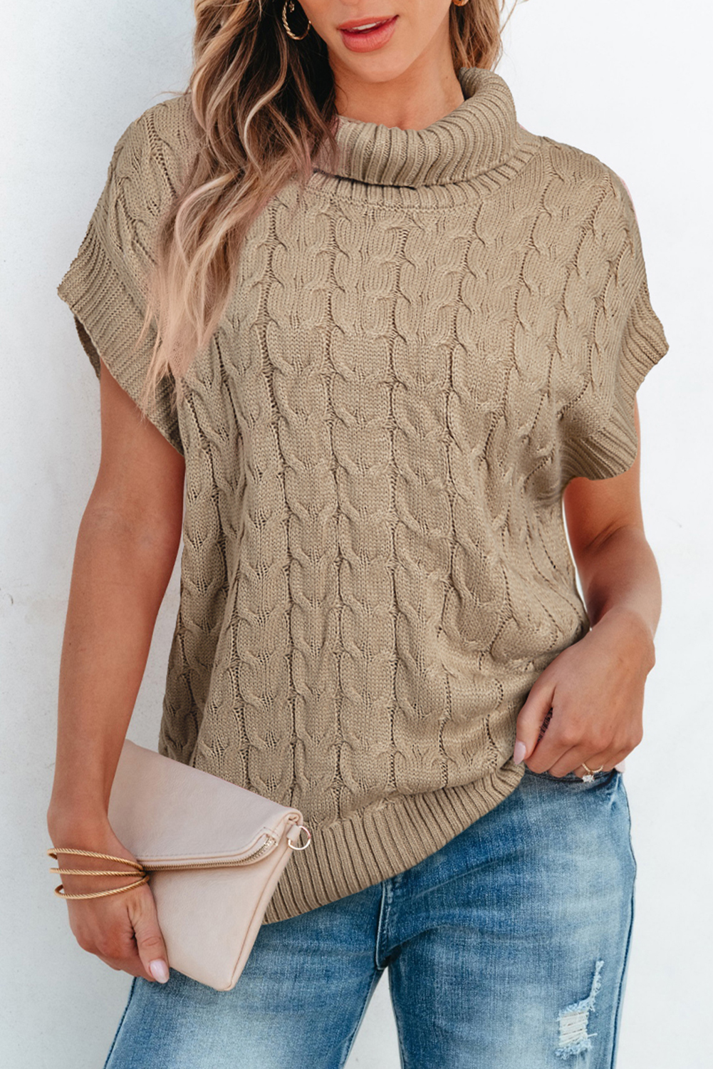 Medium Grey Cable Knit Turtleneck Batwing Sleeve Sweater - loveforevers
