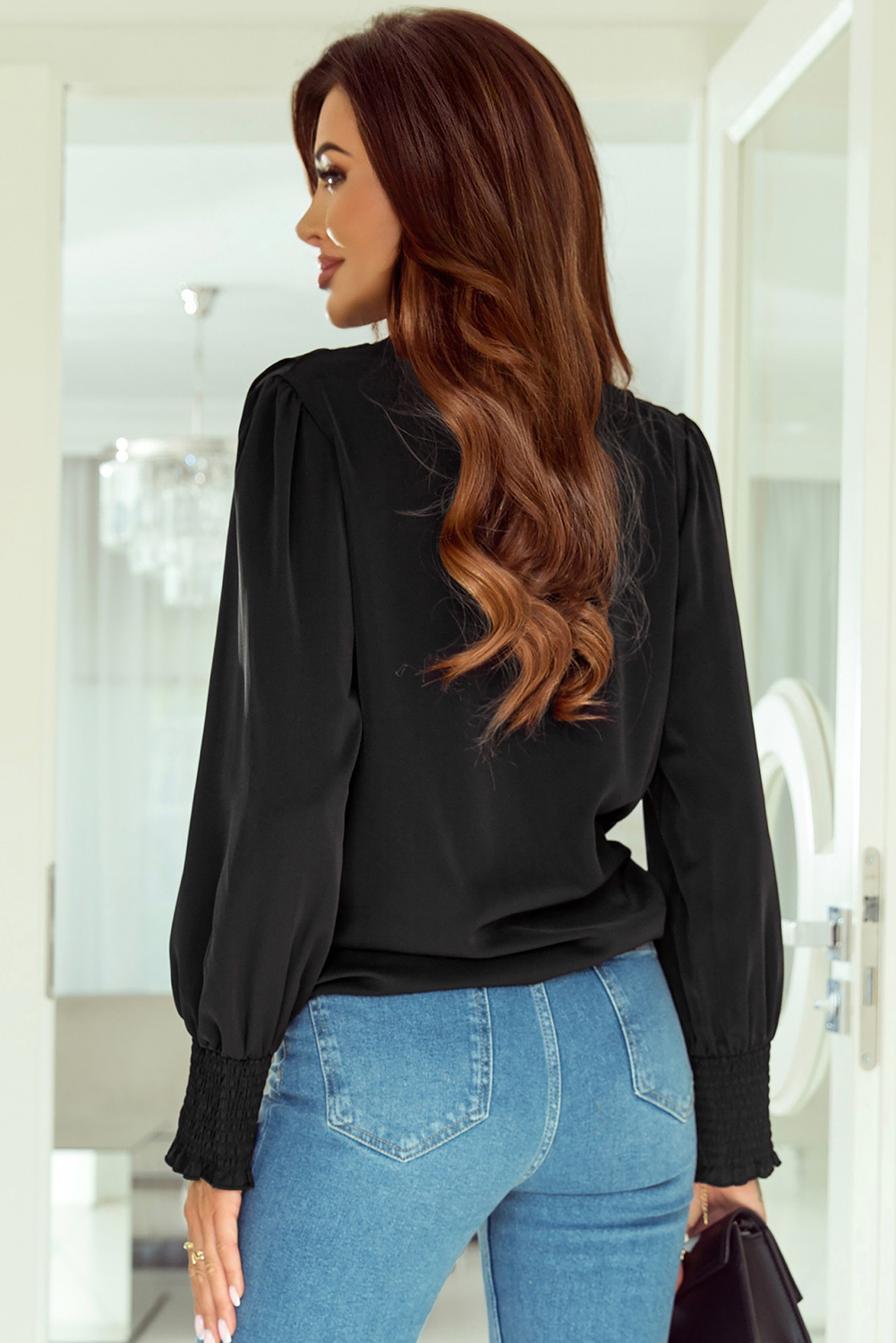Black Solid Surplice Neck Shirred Cuffs Draped Blouse - loveforevers
