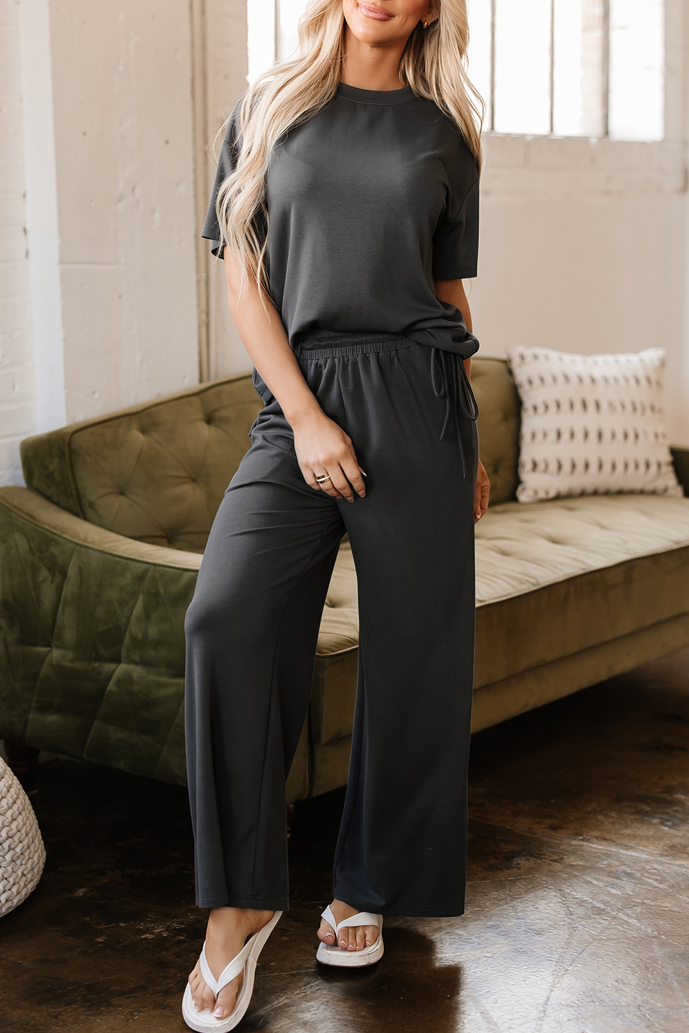 Dark Grey Drawstring Side Crewneck Tee and Loose Pants Set - loveforevers