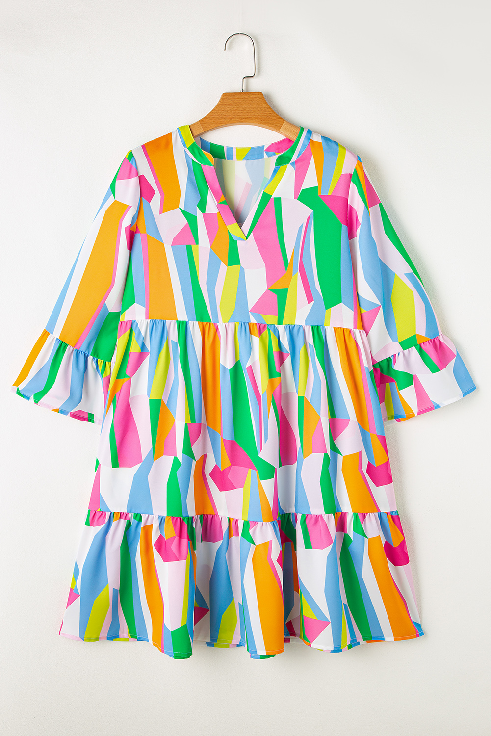 Green Abstract Print Ruffled Sleeve V Neck Dress - loveforevers