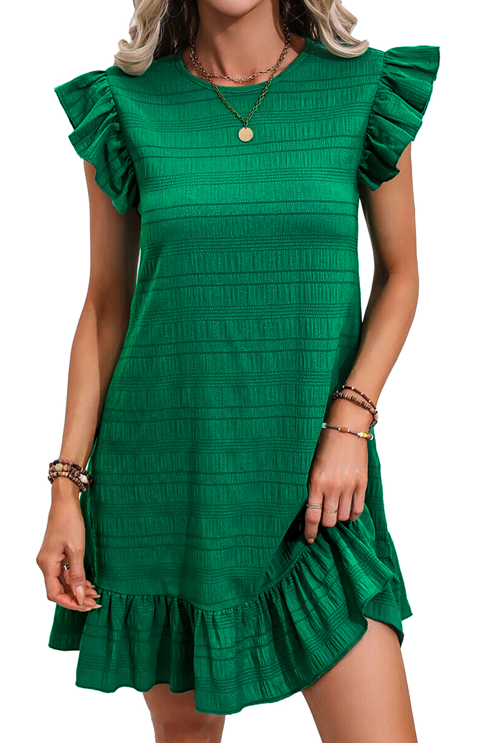 Dark Green Textured Ruffled Sleeve Round Neck Top - loveforevers