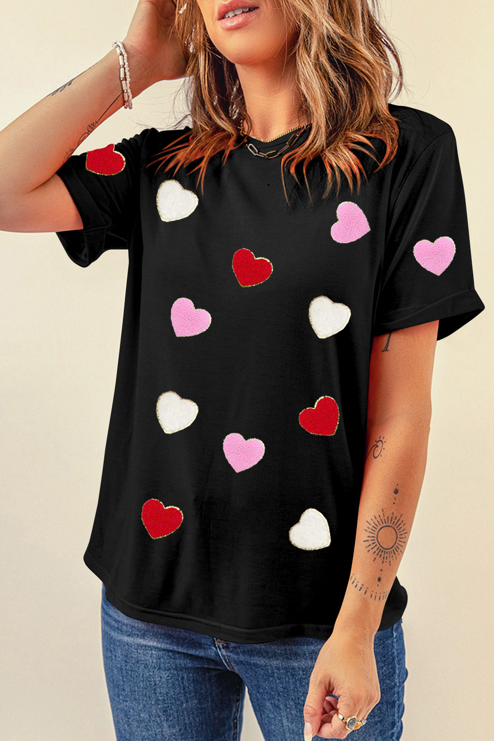 Black Valentines Chenille Heart Patched Pattern Crewneck Tee - loveforevers