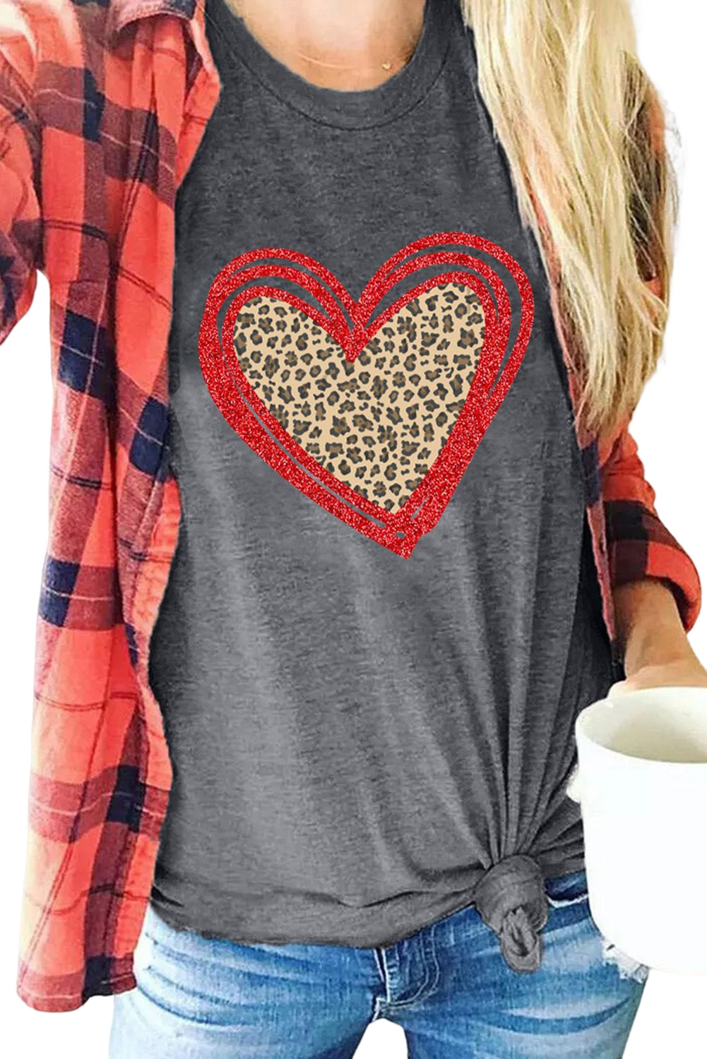Gray Sequin Leopard Heart Graphic T-shirt - loveforevers