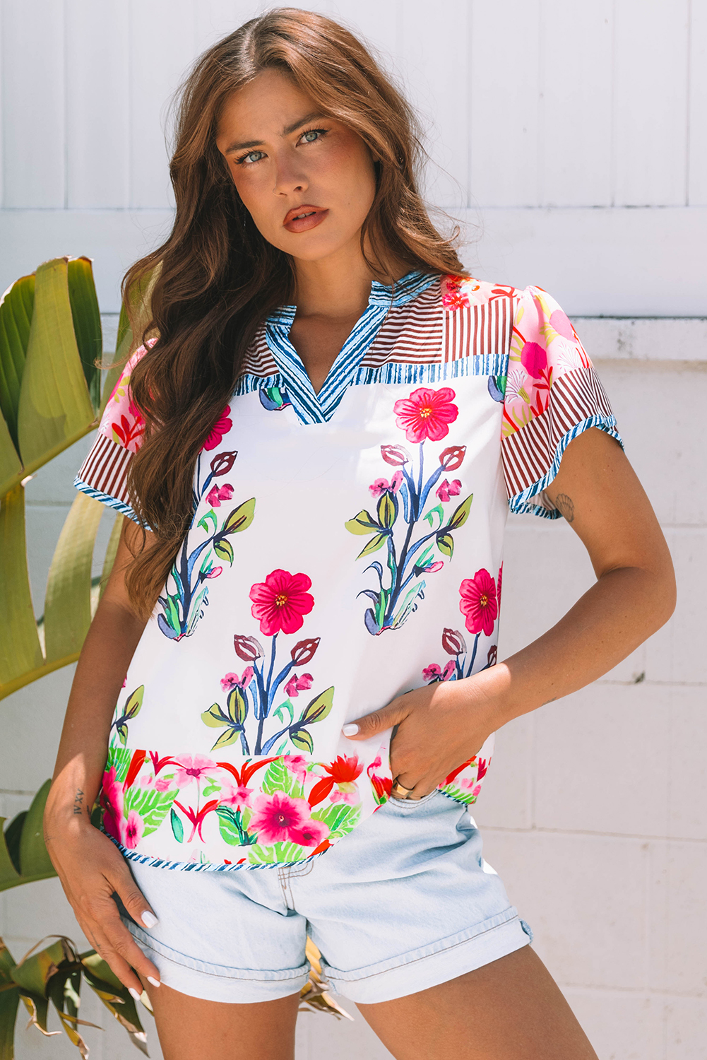 Pink Floral Striped Patchwork Short Sleeve Split Neck Blouse - loveforevers