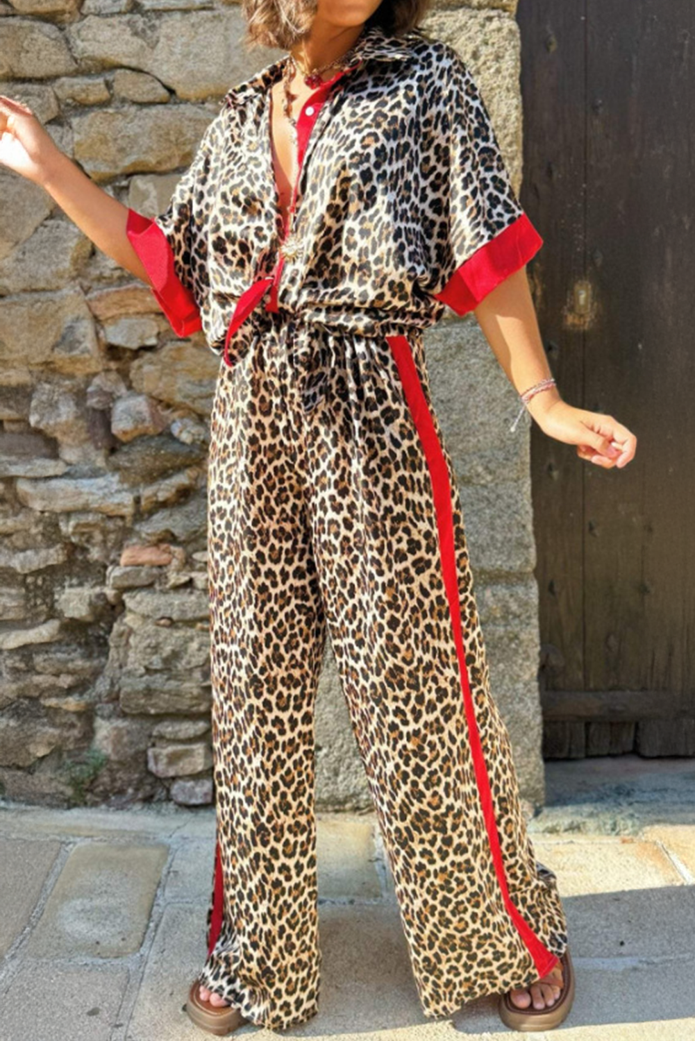 Multicolour Leopard Print Contrast Detail Short Sleeve Shirt and Loose Pants Set - loveforevers