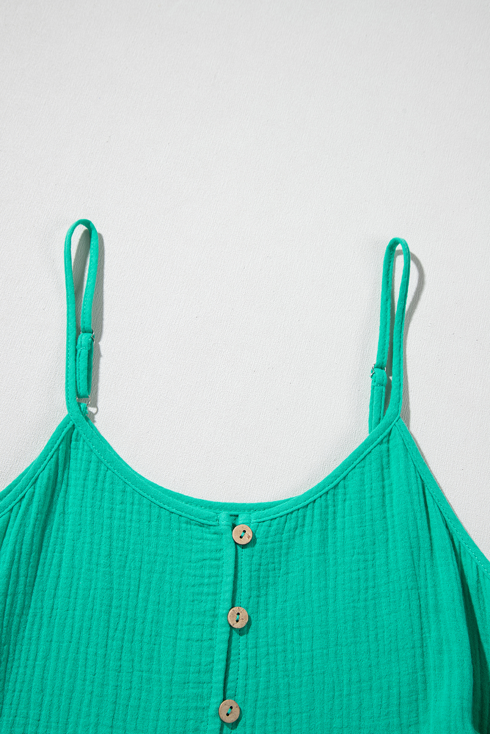 Sea Green Textured Buttoned Thin Strap Tiered Loose Fit Mini Dress - loveforevers