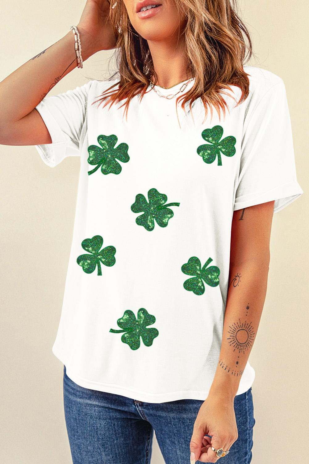 White Sequin Lucky Clover Graphic Crewneck Tee - loveforevers