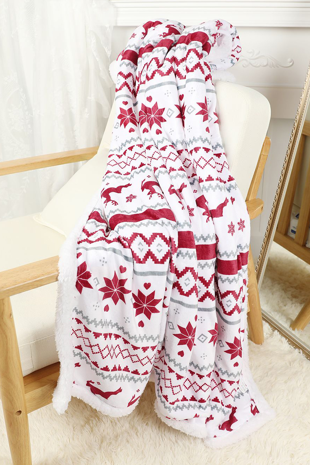 White Christmas Reindeer Snowflake Printed Sherpa Blanket - loveforevers