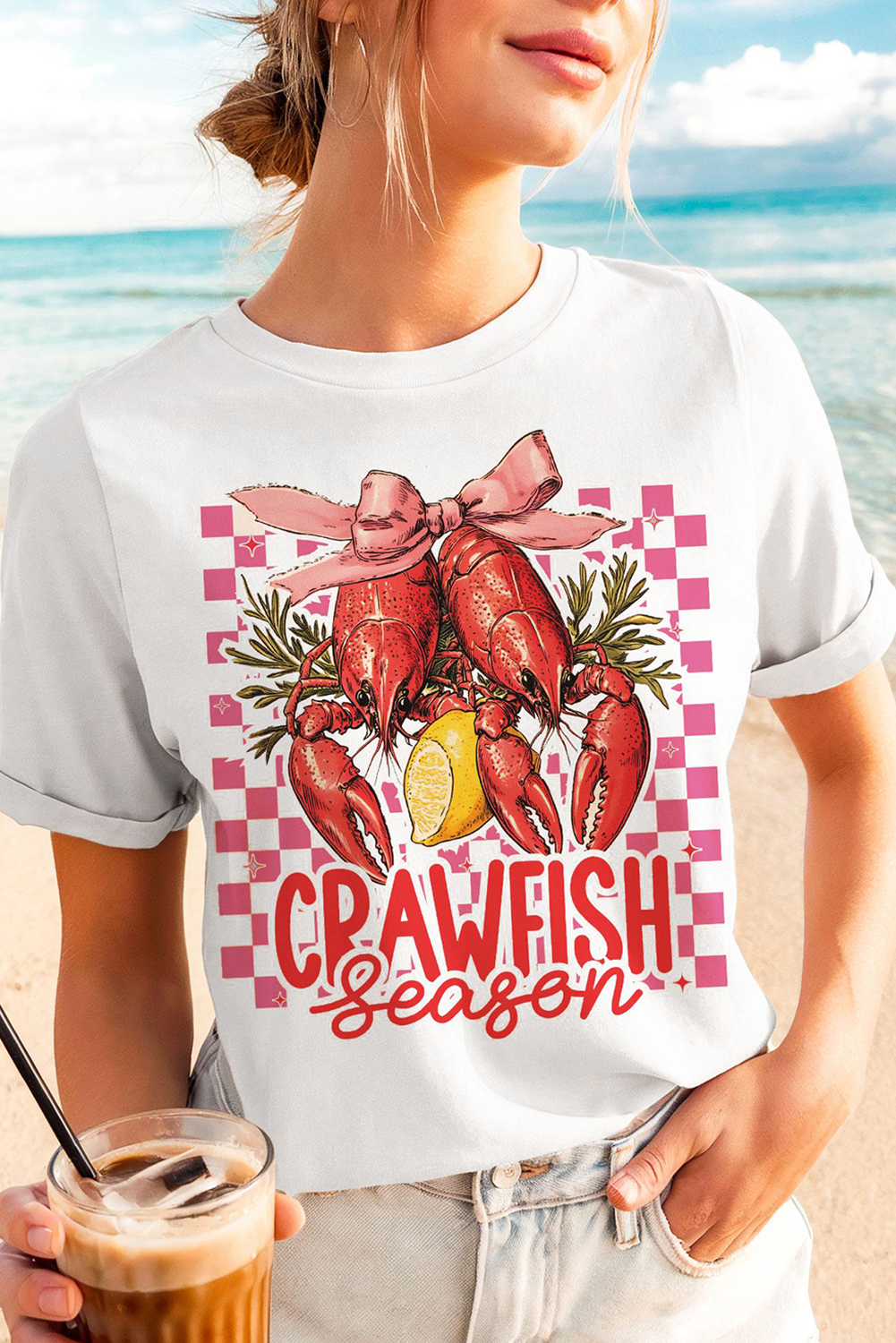 White Checkerboard Bow Crawfish Season Printed Crewneck T Shirt - loveforevers