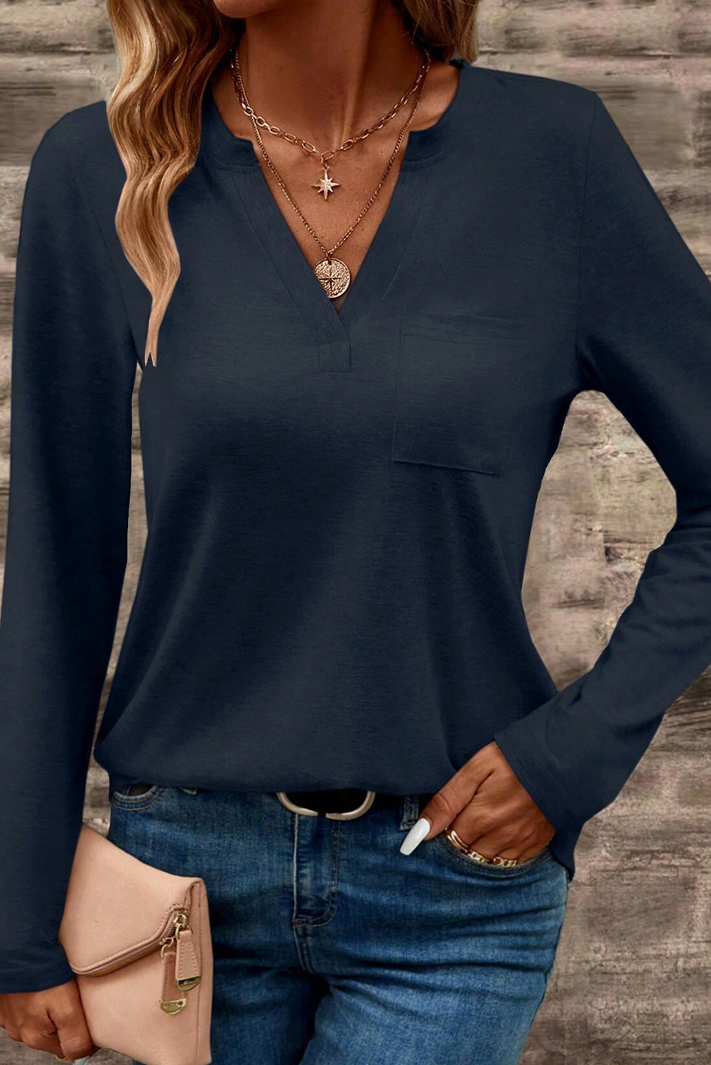 Dirty blue Notch V Neck Pocket Patched Long Sleeve T Shirt - loveforevers