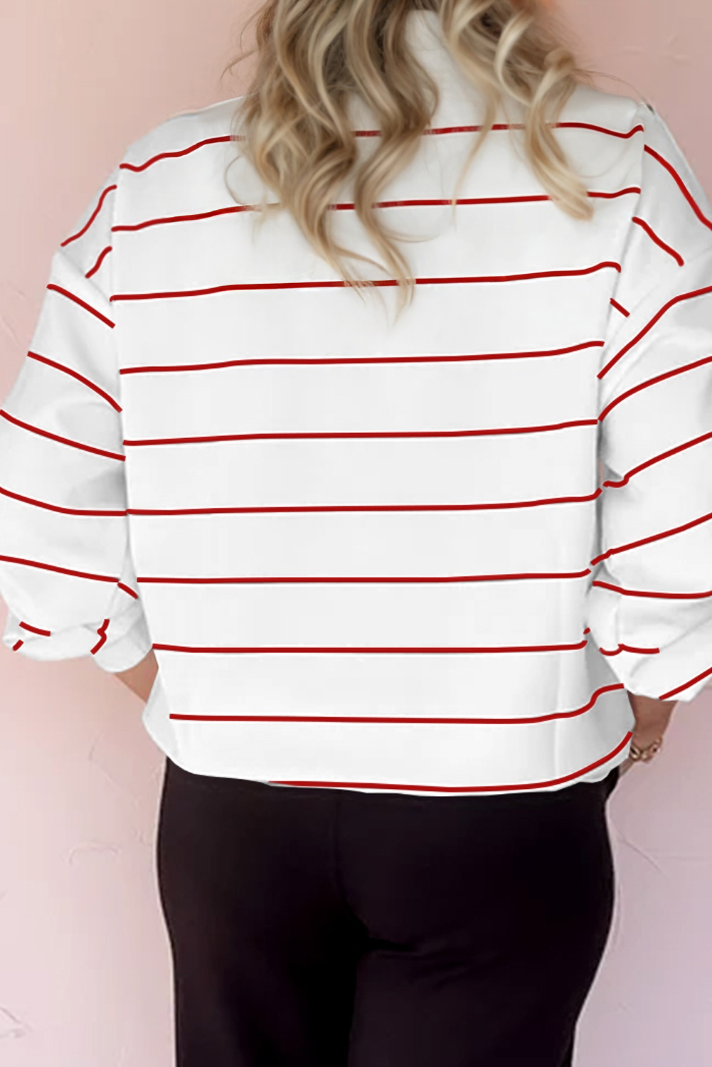 White Zip V Neck Casual Stripe Print Drop Shoulder Long Sleeve Top - loveforevers