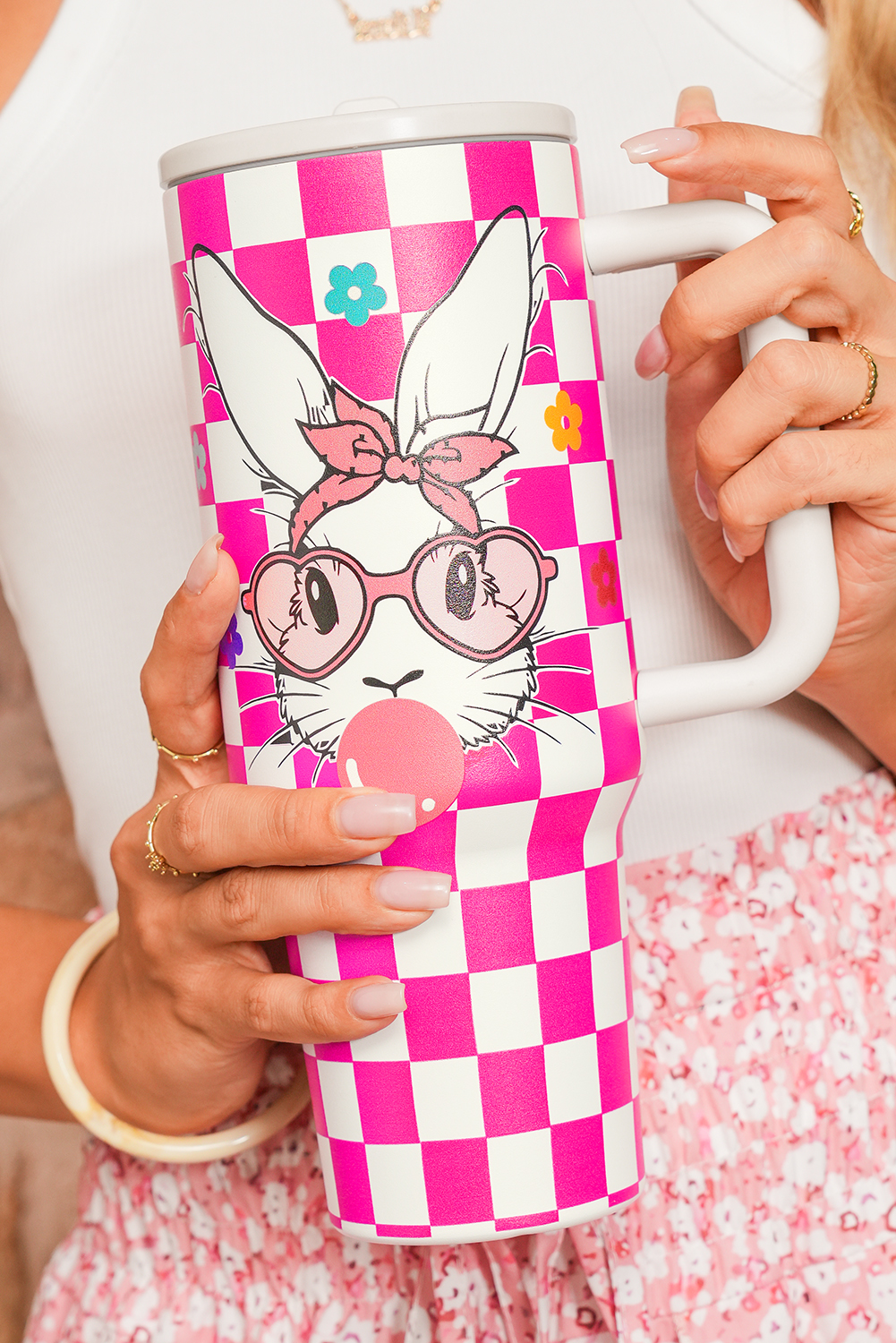 Rose Red Easter Rabbit Flower Checkered Print Large Tumbler 40oz - loveforevers