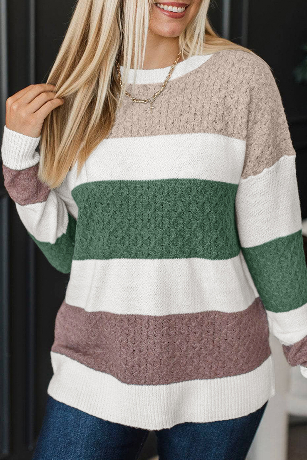 Green Mixed Texture Knit Striped Color Block Loose Sweater - loveforevers